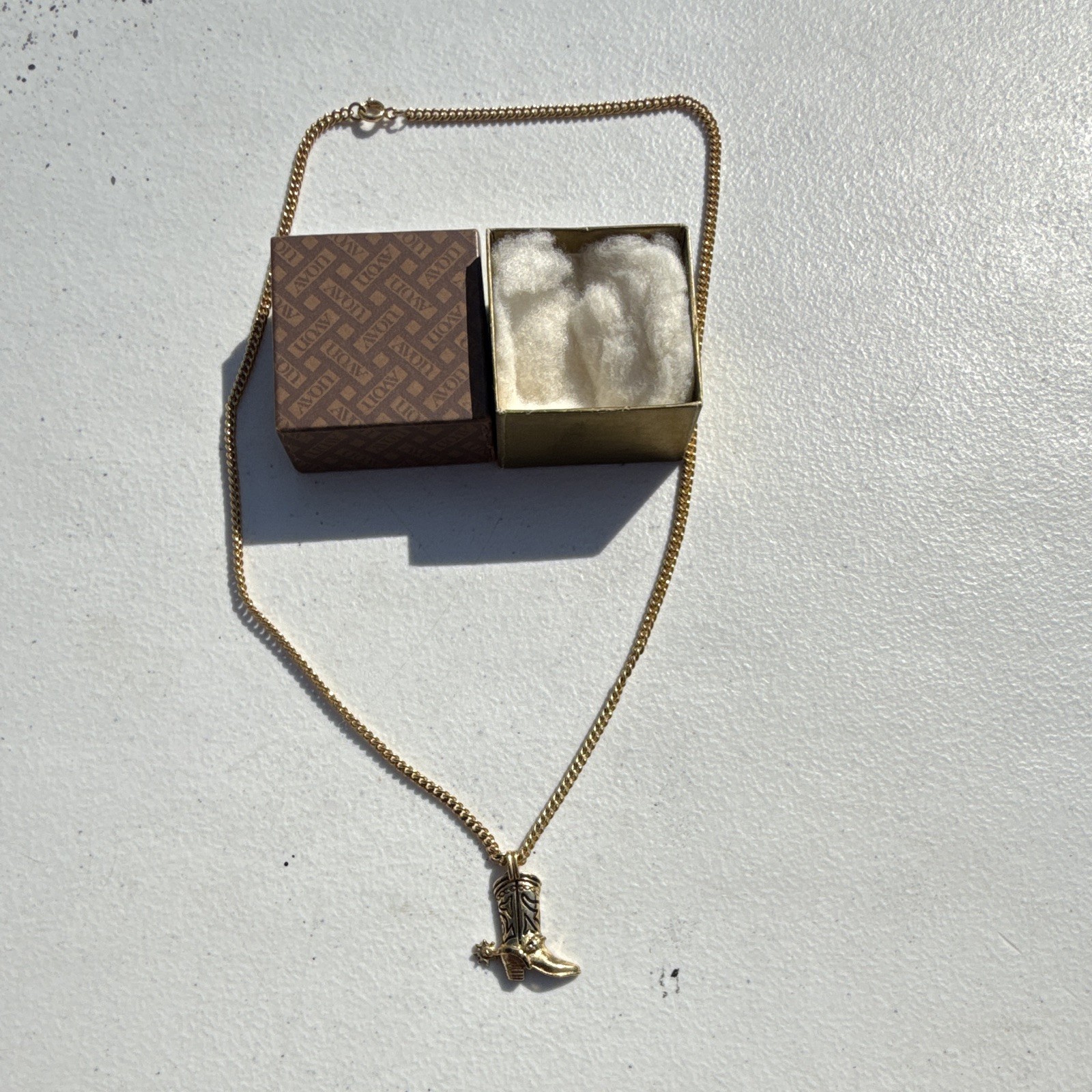 Avon Signed Western Cowboy Boot Charm Pendant Necklace Gold Tone Box Chain