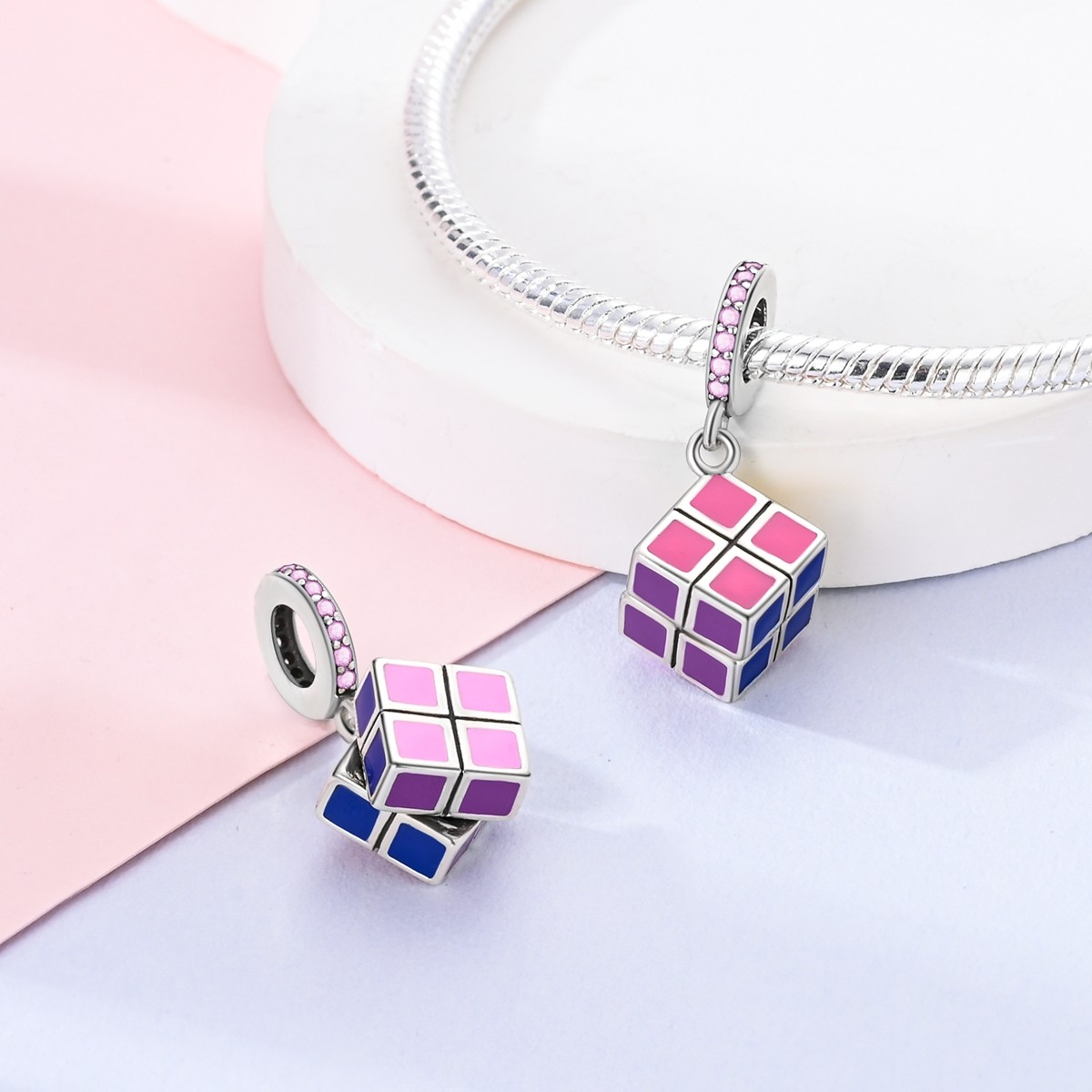 MULA 925 Sterling Silver Charm Colorful Rotating Magic Cube for Women Bracelet