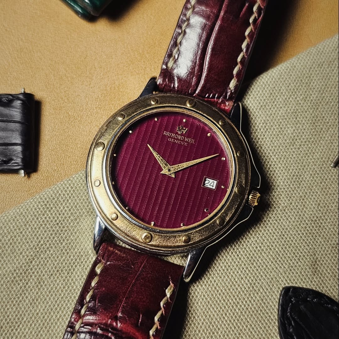 Rare Raymond Weil Tango Quartz 5560 Red Guilloche Dial Watch Leather Vintage