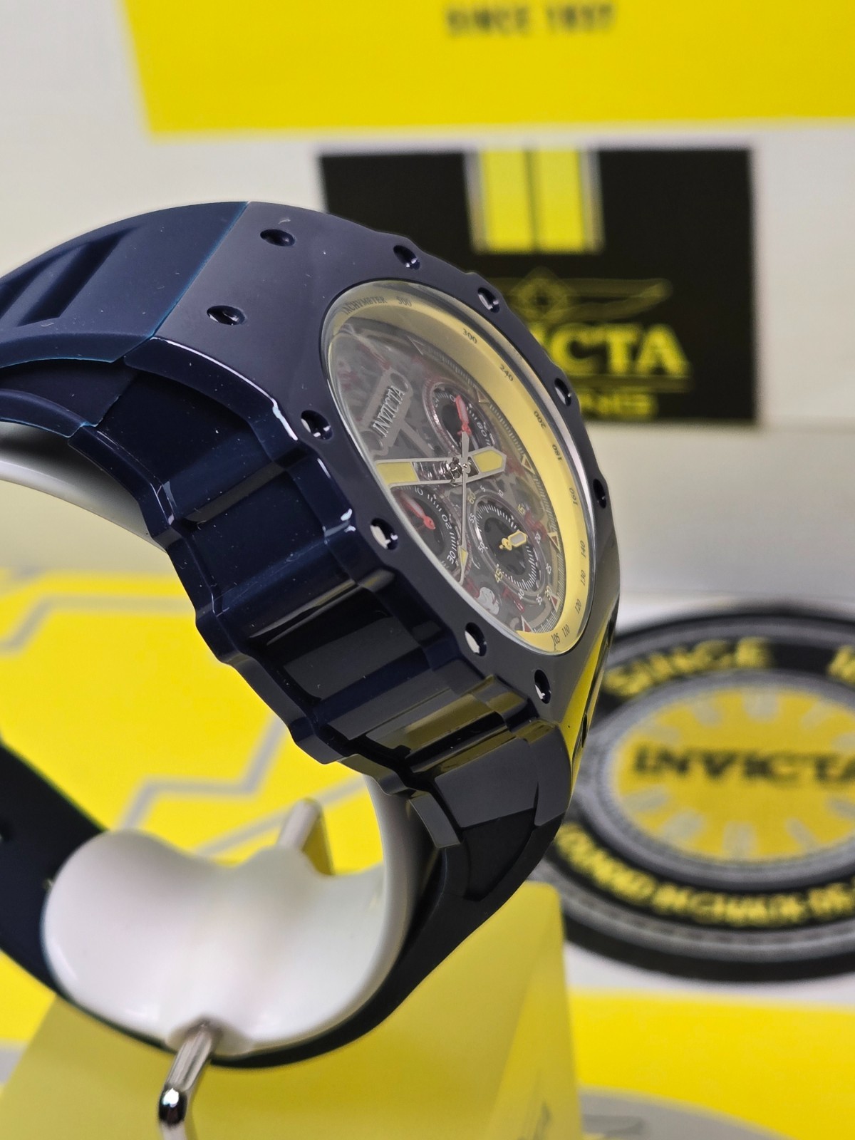 Invicta Racing Valyron Dark Blue/Yellow/Red 43.5mm Men’s Watch w/ Black Dial NEW