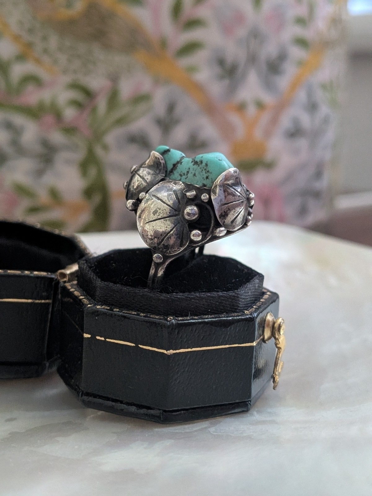 Vintage Mary Gage Turquoise & Sterling Ring- Lily Pad Motif