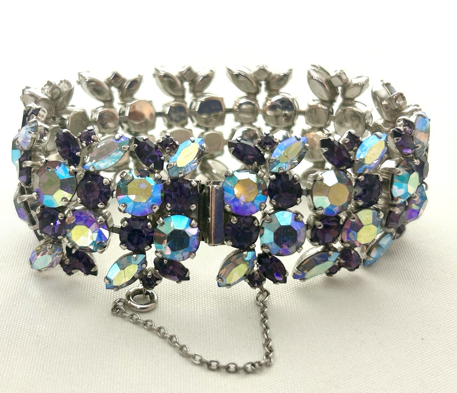 Signed Sherman Rhinestone Bracelet & Earrings Purple & AB Rhinestones