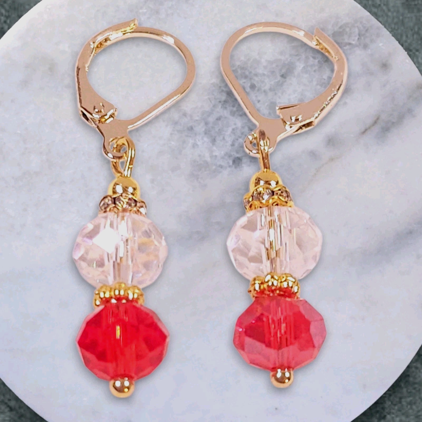 Red & White Crystal Earrings Gold Plated Dangle Drop Leverback Handmade