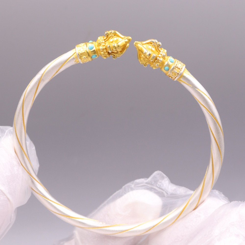 Pure S999 Fine Silver Bracelet Enamel Lucky Vajra Open Bangle 29-30g Dia:55-57mm