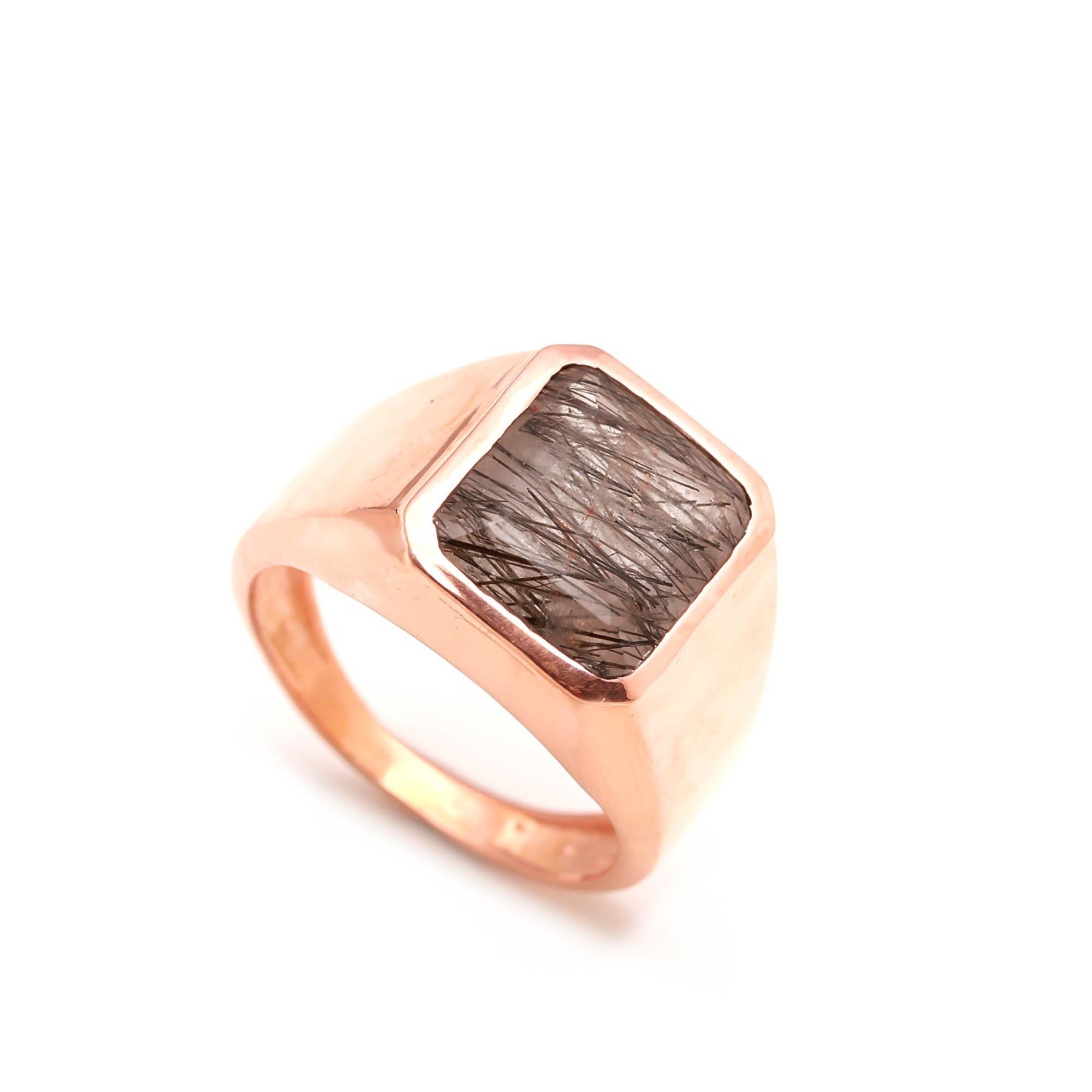 Natural Black Rutile Octagon Ring Rose Gold Plated 925 Sterling Silver Jewelry