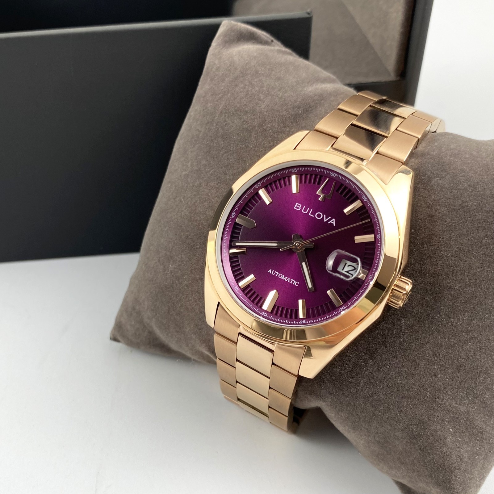 Bulova Surveyor Men’s 97B234 Automatic Watch Purple Dial Rose Gold Tone 39mm