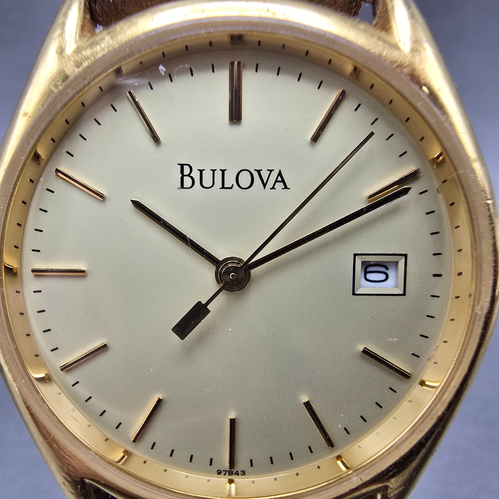 Bulova Watch Men 33mm Champagne Dial Gold Tone Date Round 97B43 New Battery