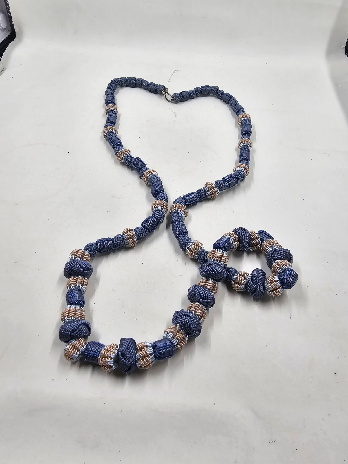 Vintage Blue Tan Woven Cord Knotted Bead Necklace 34in Boho Macrame Style