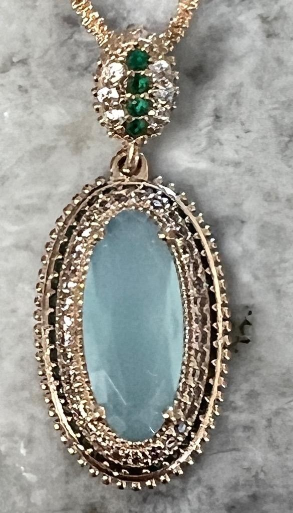 REAL Milky Aquamarine 14K Gold on SOLID 925 White Sapphire Victorian Rev Oblong