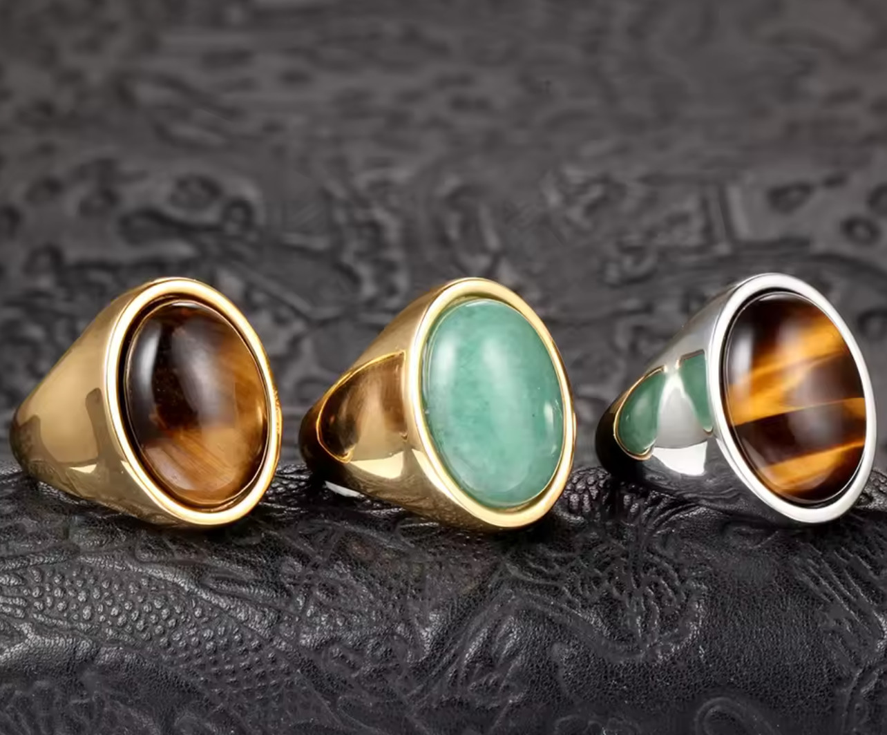 Men’s Ring Stainless Steel Gold Color Green Jade Oval Shape Natural Gemstone