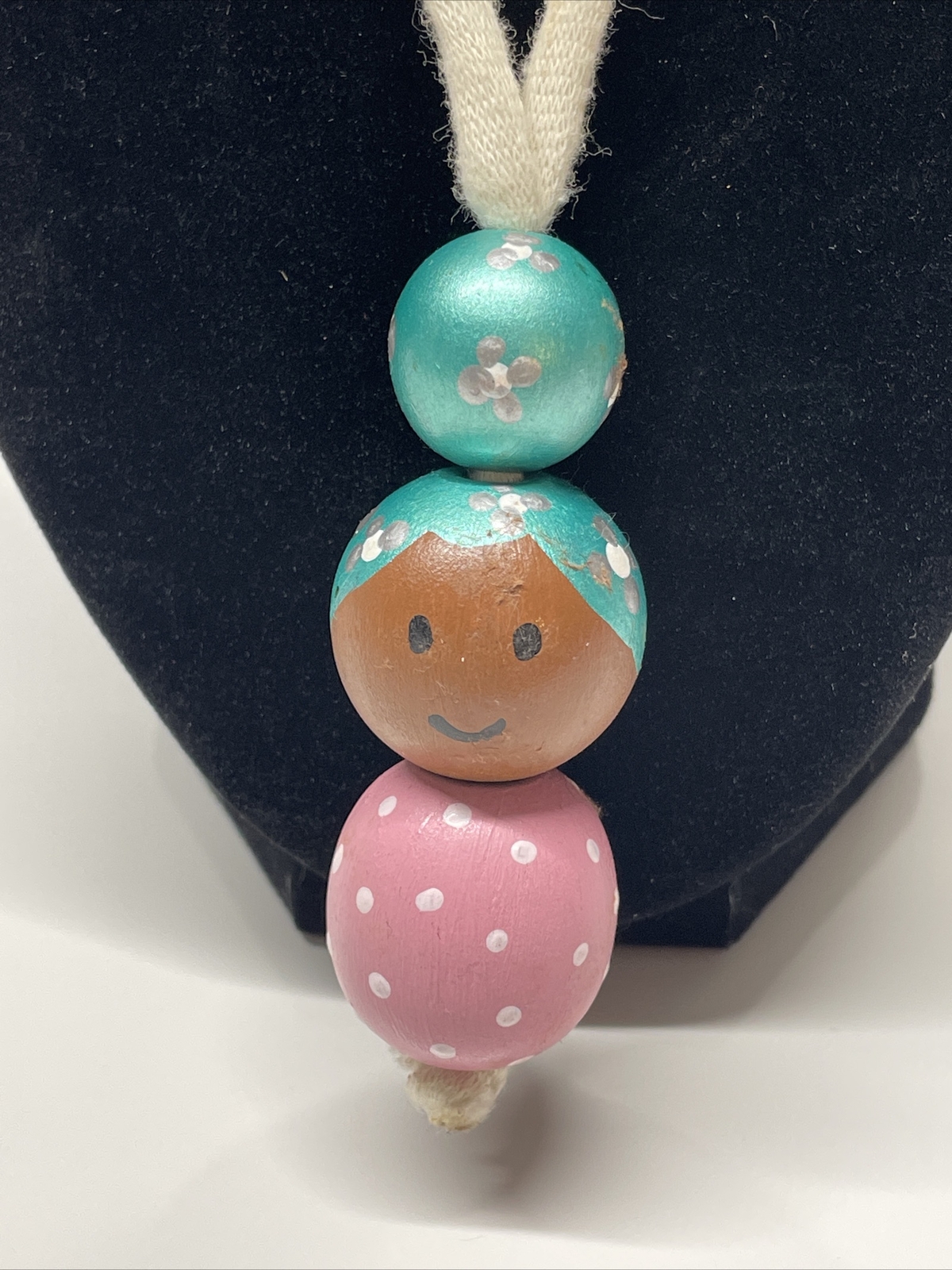 Vintage wooden handmade doll necklace hand painted Beads Pink Aqua Blue