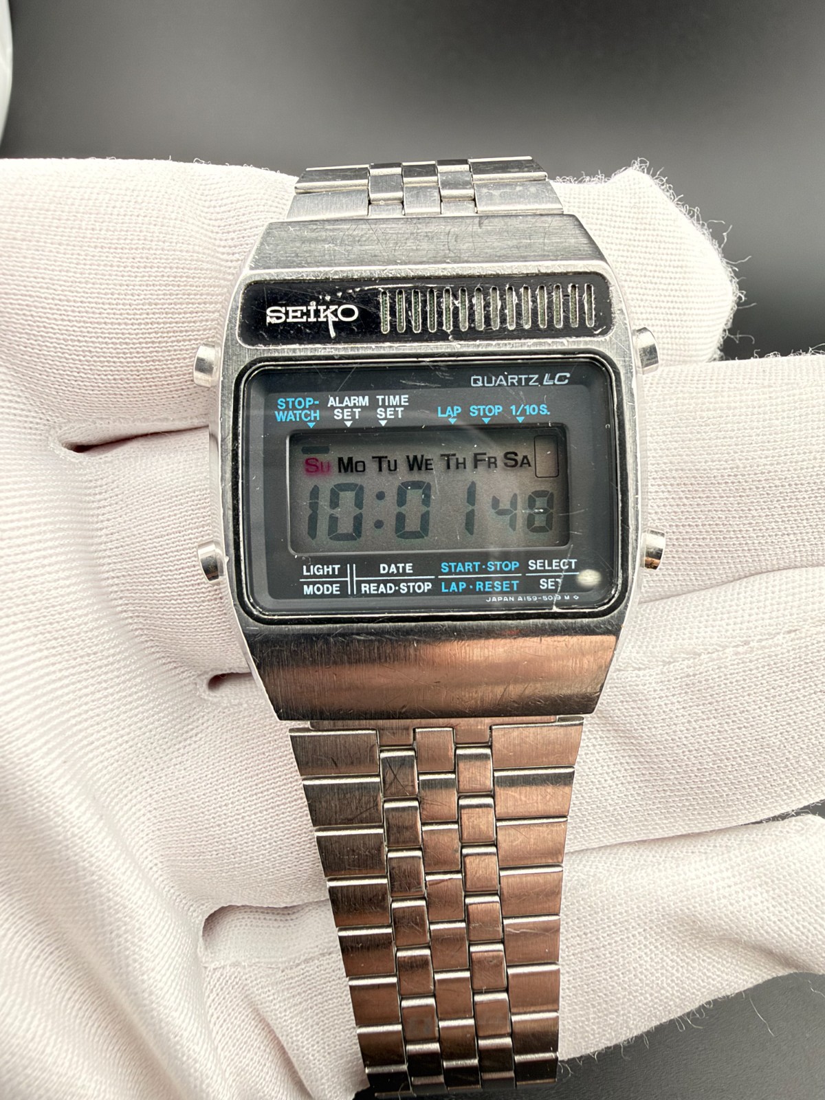 RARE Seiko A159-5019 Quartz LC Stopwatch Alarm Digital Watch Steel