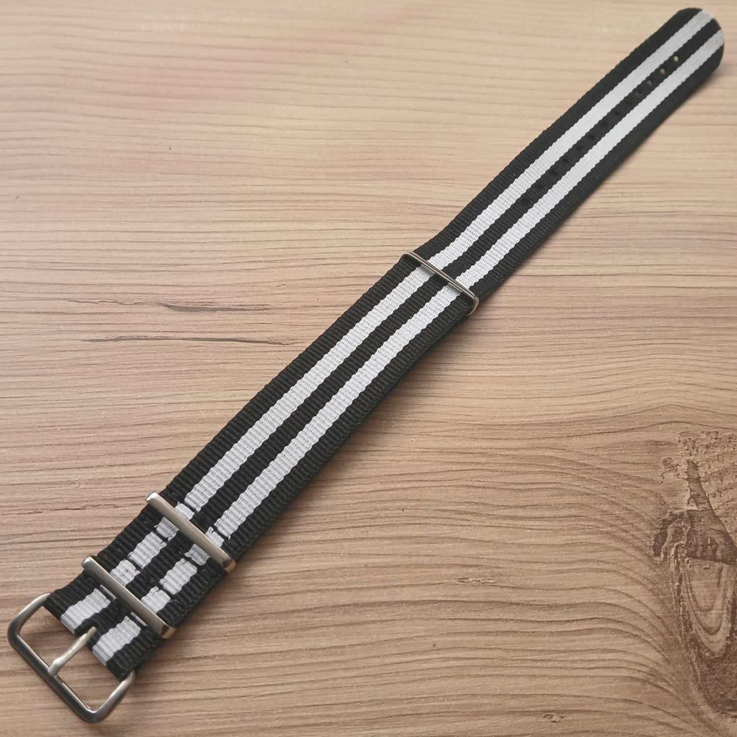 Nylon Black White Striped One Piece 22mm Watch Strap Silver Buckle Keepers