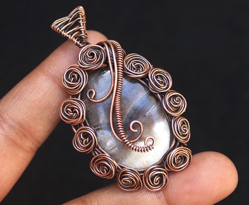 Flower Design Copper Wire Wrap Pendant Jewelry Green Zebra Jasper Gemstone N321