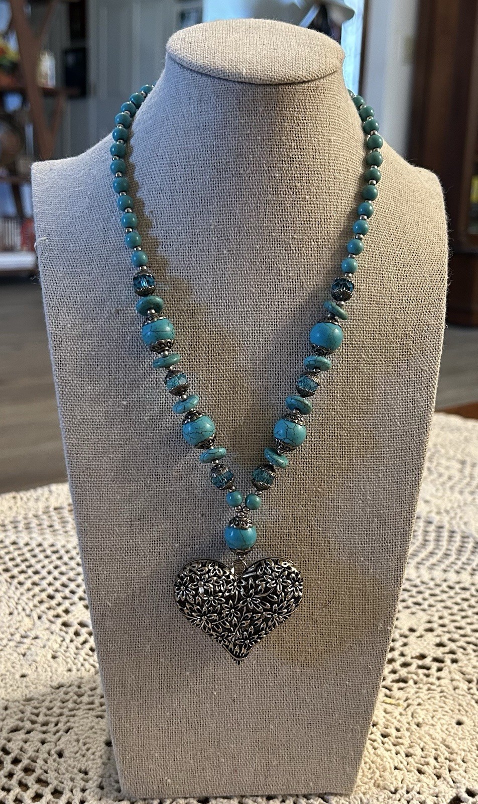 Beautiful Silver Toned Heart Turquoise Colored Blue Bead Necklace