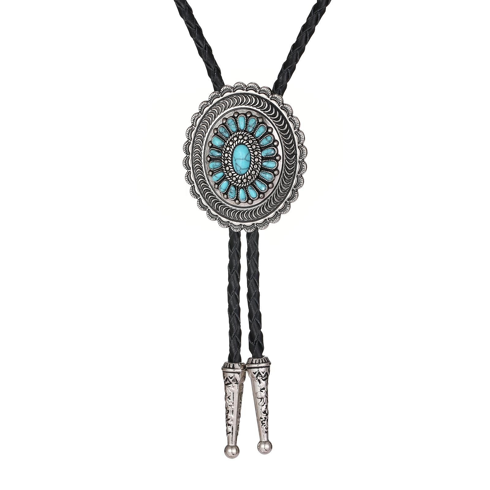 Vintage Bolo Tie Turquoise Stone Silver Sterling Cowboy Men Oval Navajo