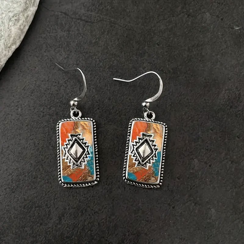 1Pair Navajo Style Southwestern Rectangle Dangle Earrings Boho Inspired Jewelry