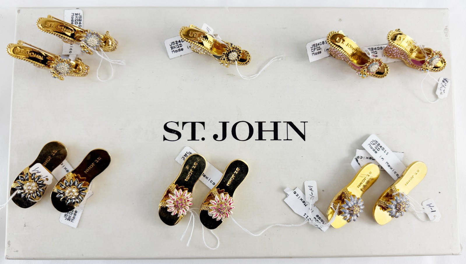 NWT ST. JOHN Brooch Pin Flower Sandal 24 KGP Black Crystals Multicolor Vintage