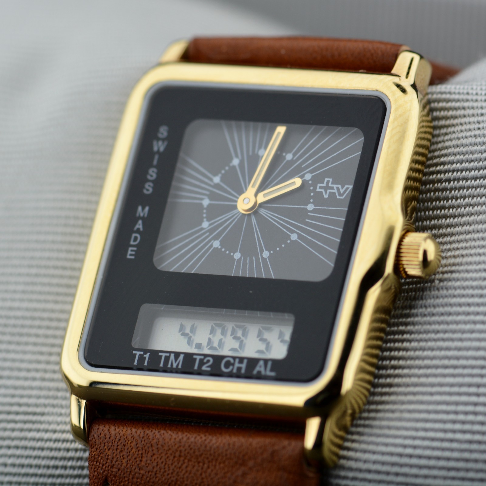 Mondaine Two-Timer Analog-Digital TV Case Vintage Gold Plated Unisex Dress Watch