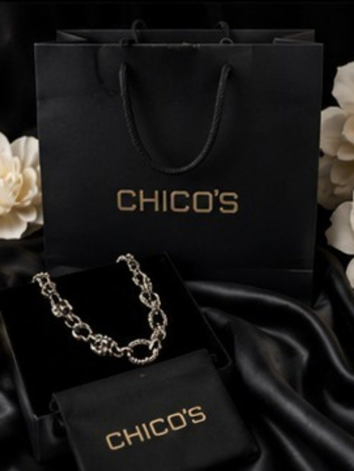 Chico’s Silver Tone Statement Necklace 26″ + 4″ Extender Textured Link Artisan