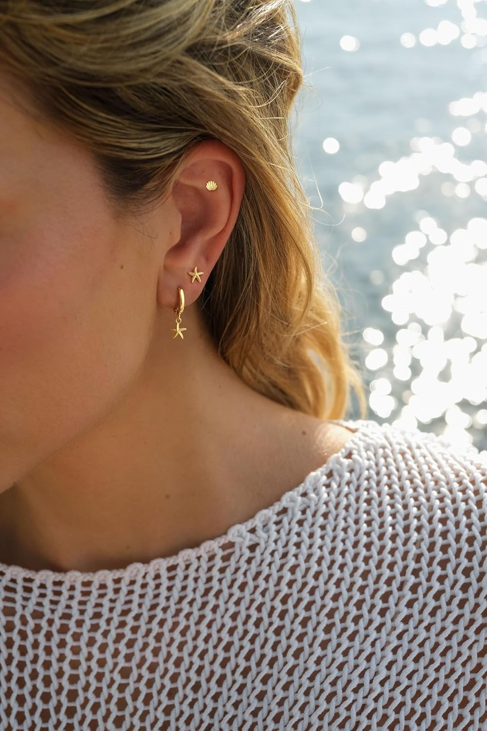 3 Pairs 14K Gold Plated Dangle Earrings Set for Women, Dainty Seashell Starfish