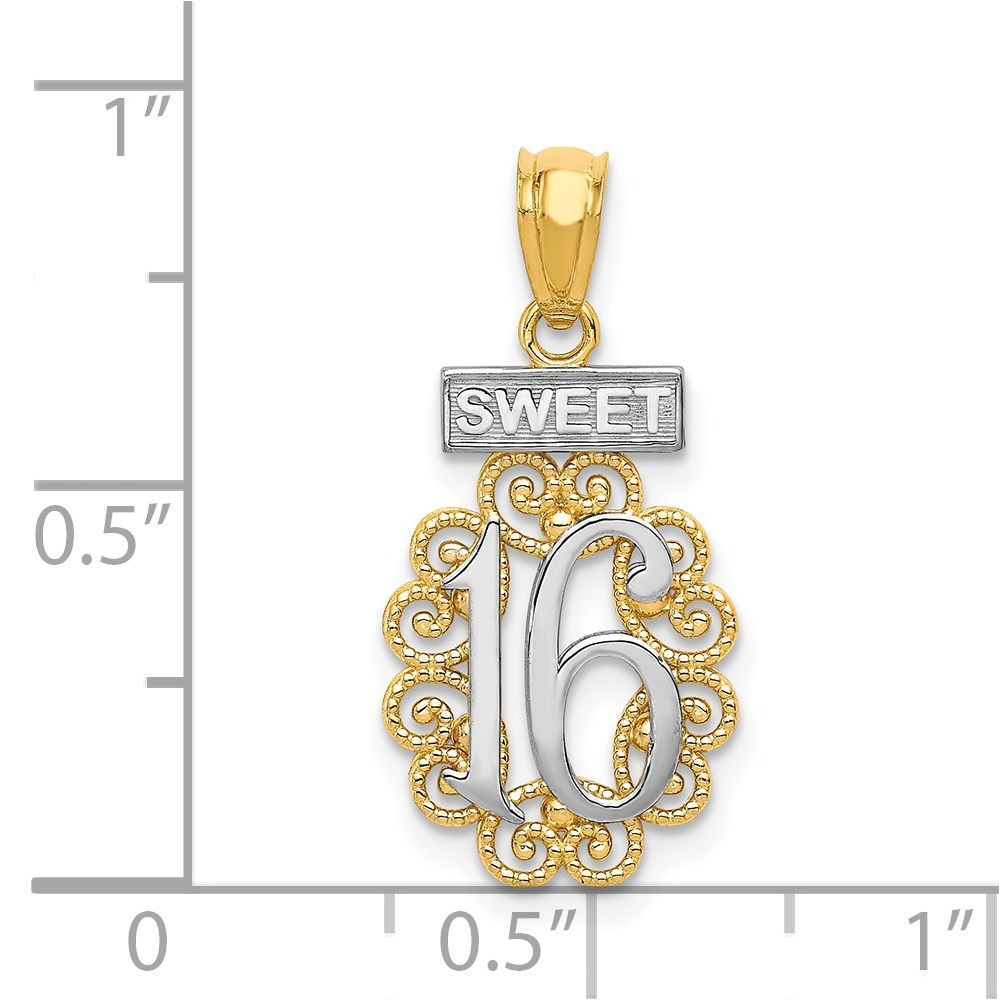 14k Two-tone Gold SWEET 16 with Filigree Pendant 0.77gm L-0.89 in,W-0.42 in