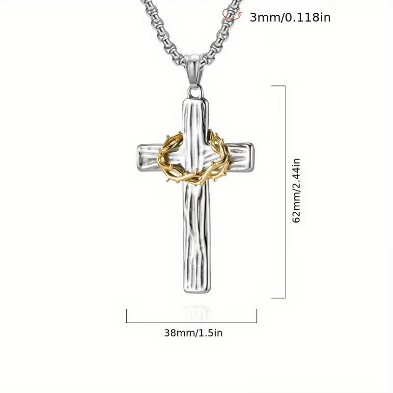 Silver Christian Cross Necklace Crown of Thorns Pendant Gift Jesus Mens