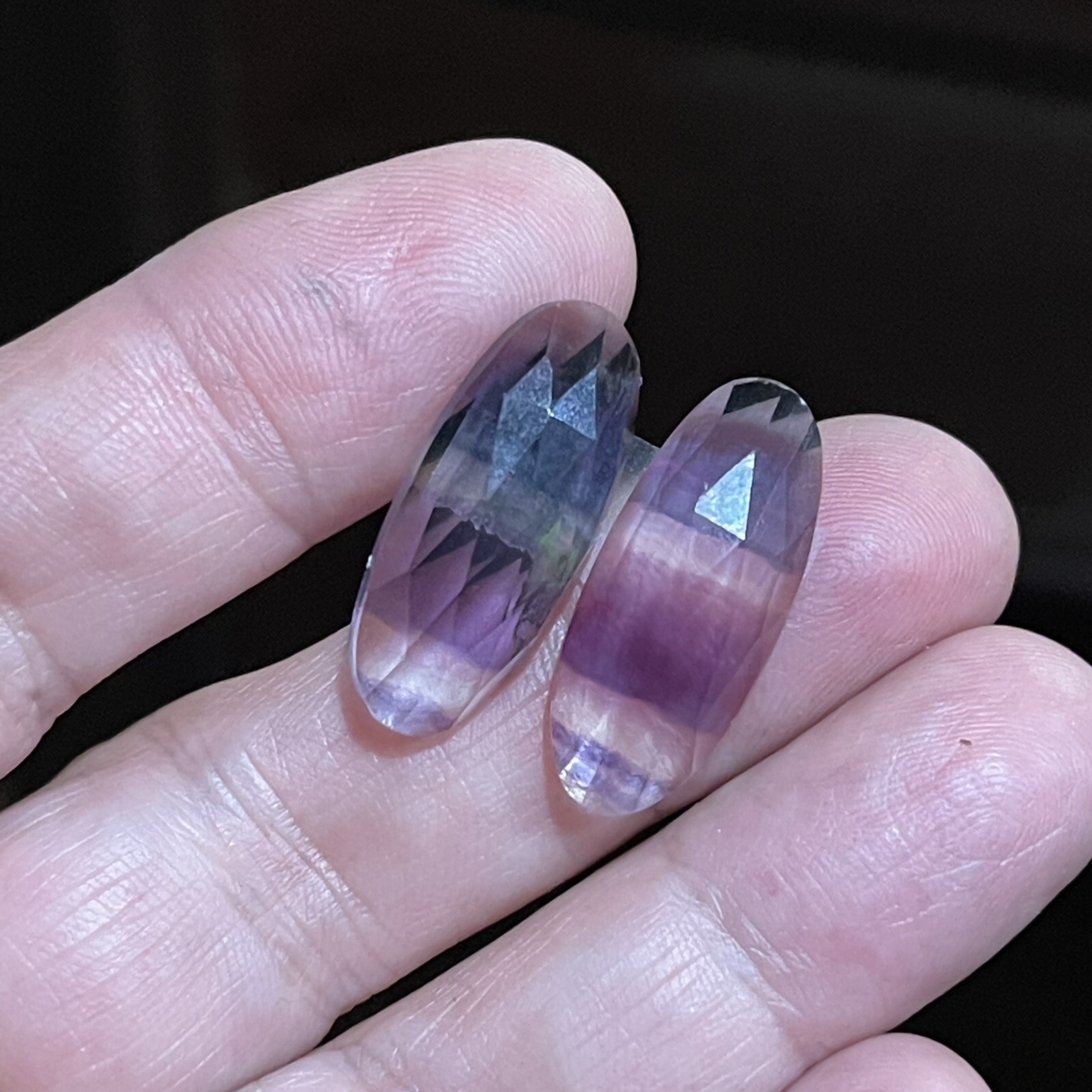 24.4ct 24.3×10.4×5.4mm Pair Teal Blue Purple Fluorite Rose Cut Oval Cabochons