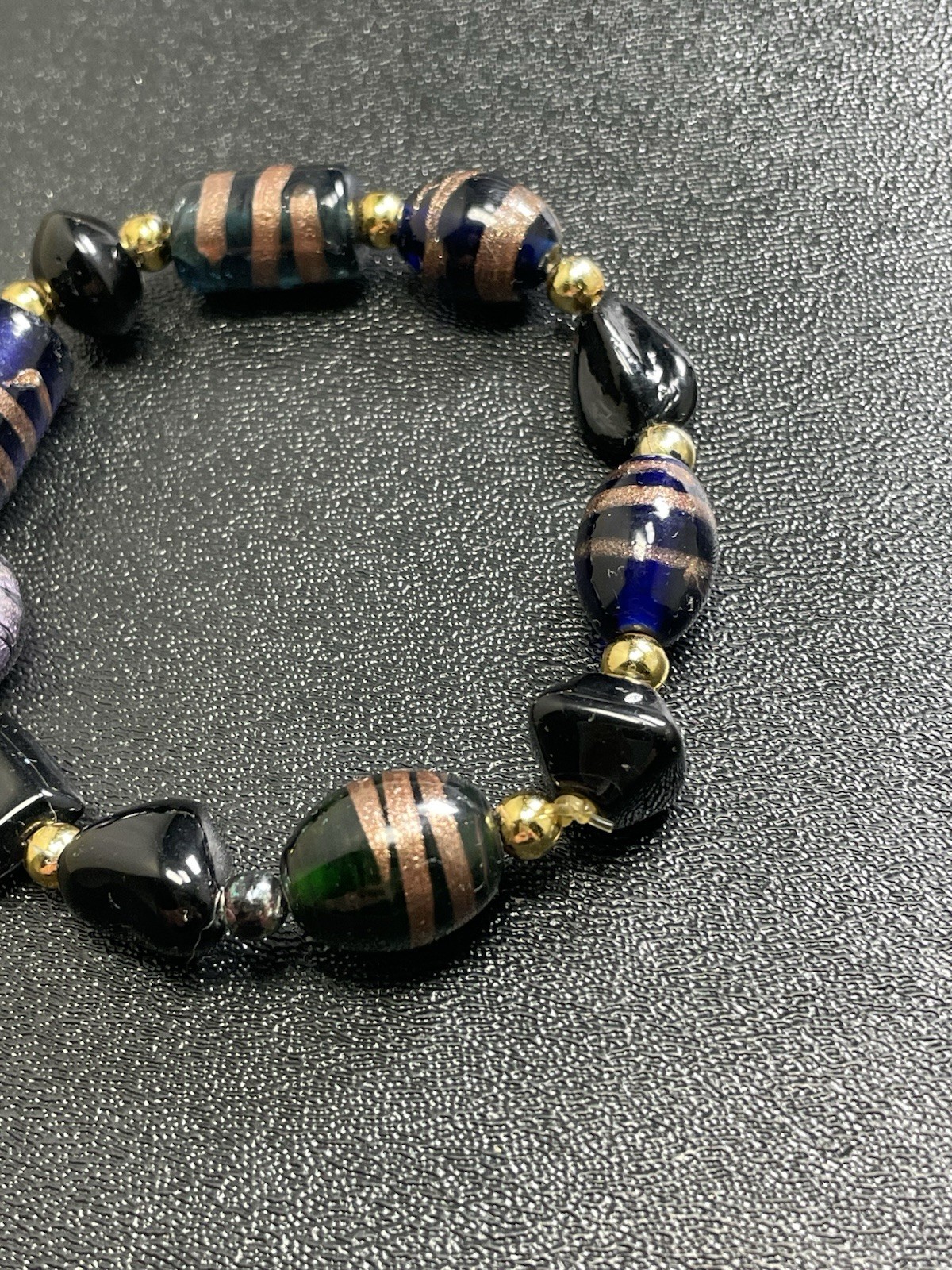 Vintage Blue & Green Murano Art Glass Beaded Stretch Bracelet