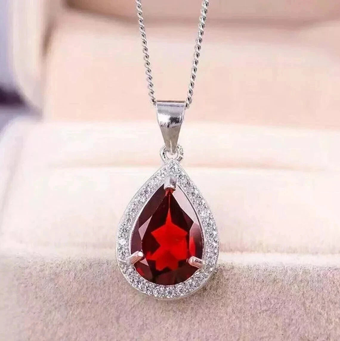 4.80Ct Pear Cut Natural Red Ruby &Diamond Solid 14K White Gold Luxurious Pendant