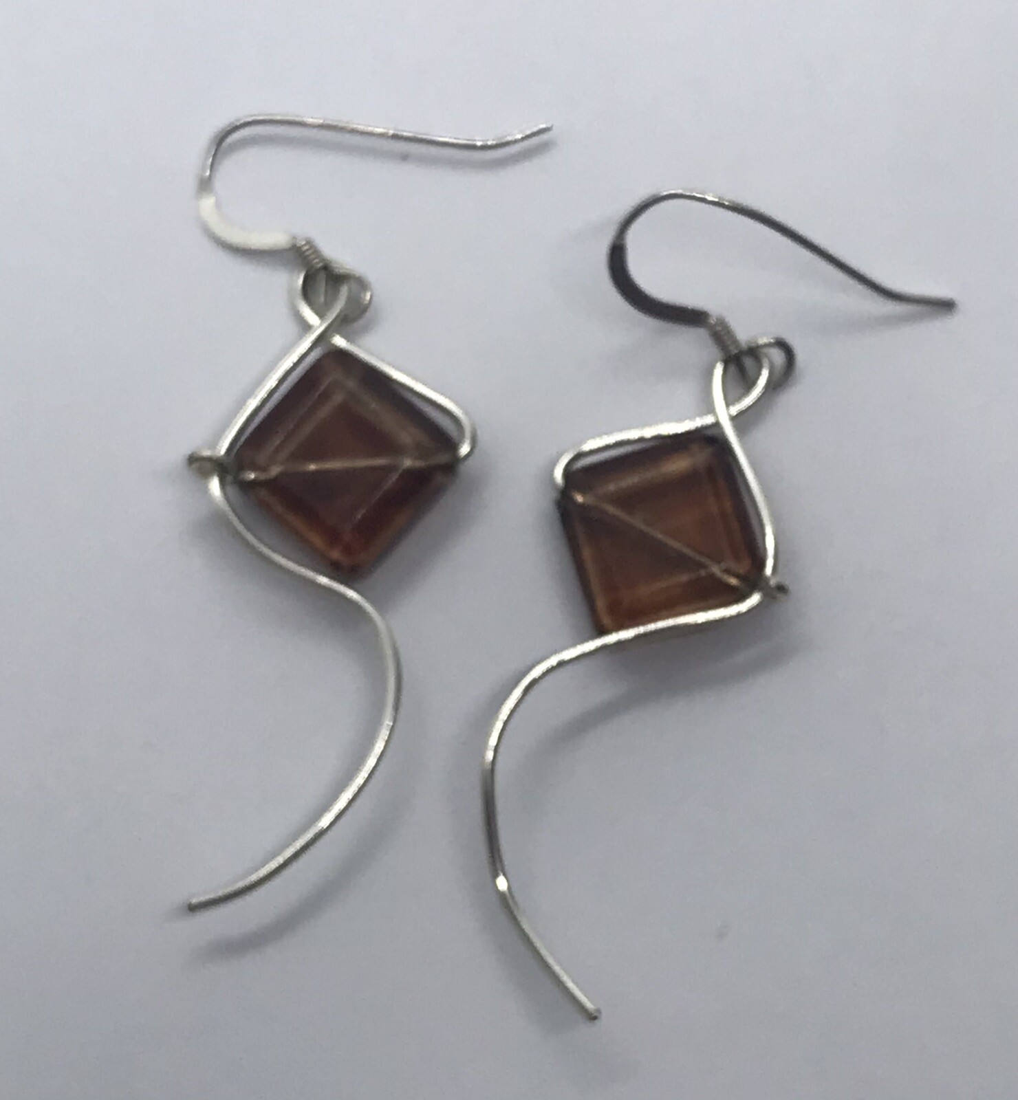 Sterling Silver 925 Rhombus Brown Glass & Wire Art earrings Kite Like