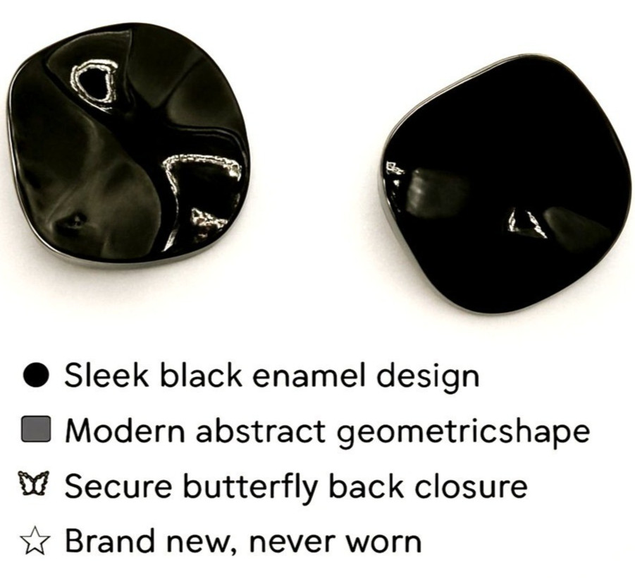 Black Enamel Abstract Geometric Stud Earrings Modern Metal Post w Butterfly Back
