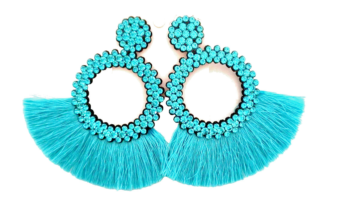 New Fashion Jewelry Dangle/ Drop Earrings Aqua Fringe Crystals Appx 3.5 inx3 in