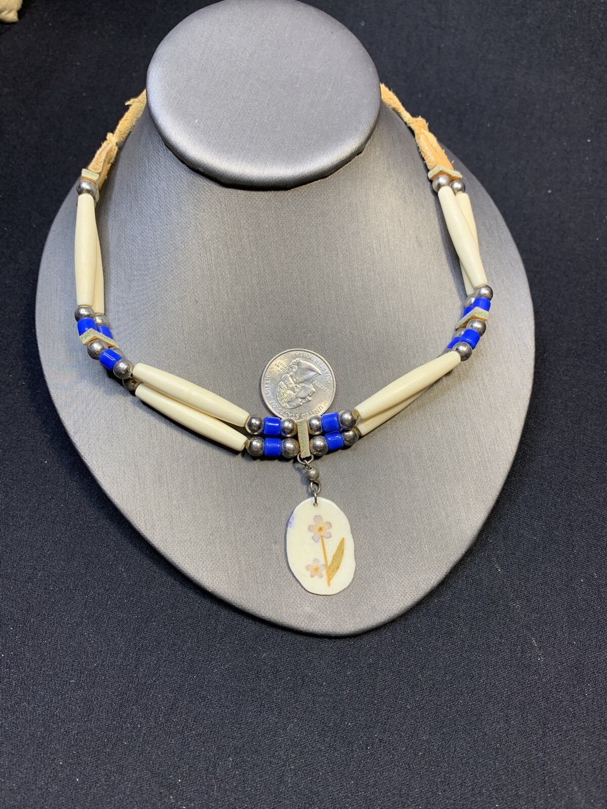 Signed DS Native American Blue Leather beaded tie on choker necklace