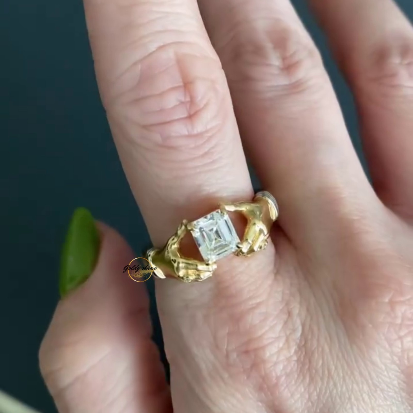 1 Ct Asscher Cut Moissanite Grasping Hands Artistic Ring 14K Yellow gold plated