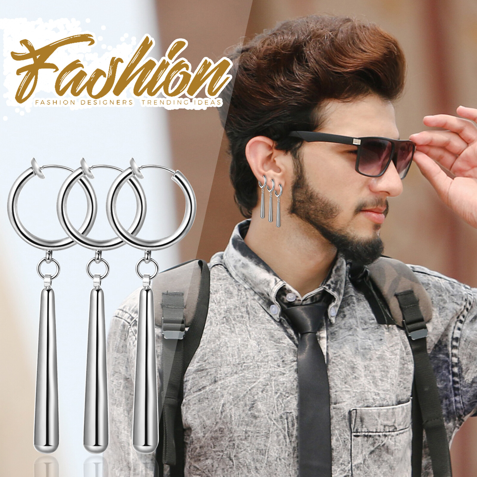 3 Piece Zoro Stainless Steel Anime Cosplay Lover Long Bar Dangle Clip-on Earring