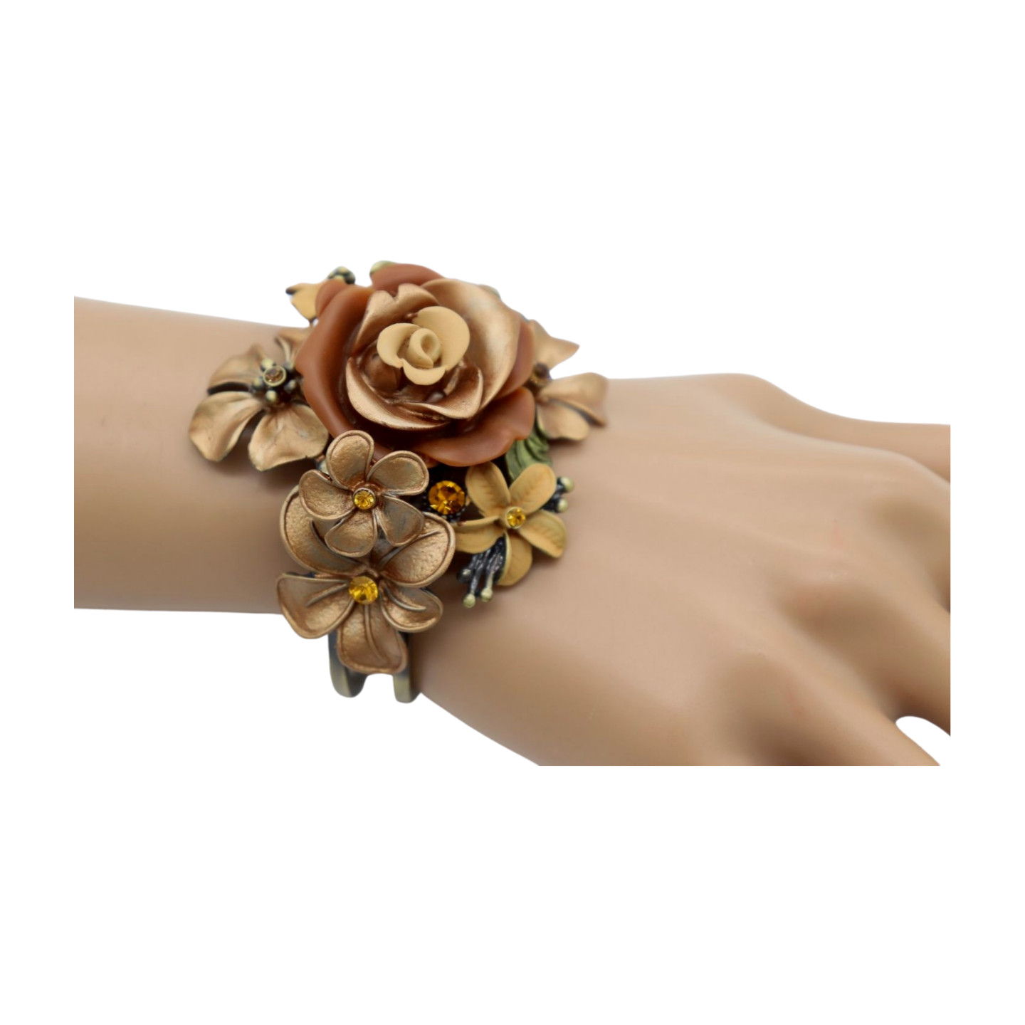 Women Antique Gold Metal Beige Brown Rose Flowers Cuff Bracelet Fashion Jewelry