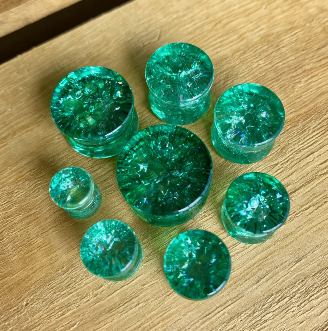 PAIR Cracked Green Glass Plugs Double Flare Shattered Look Gauges Body Jewelry