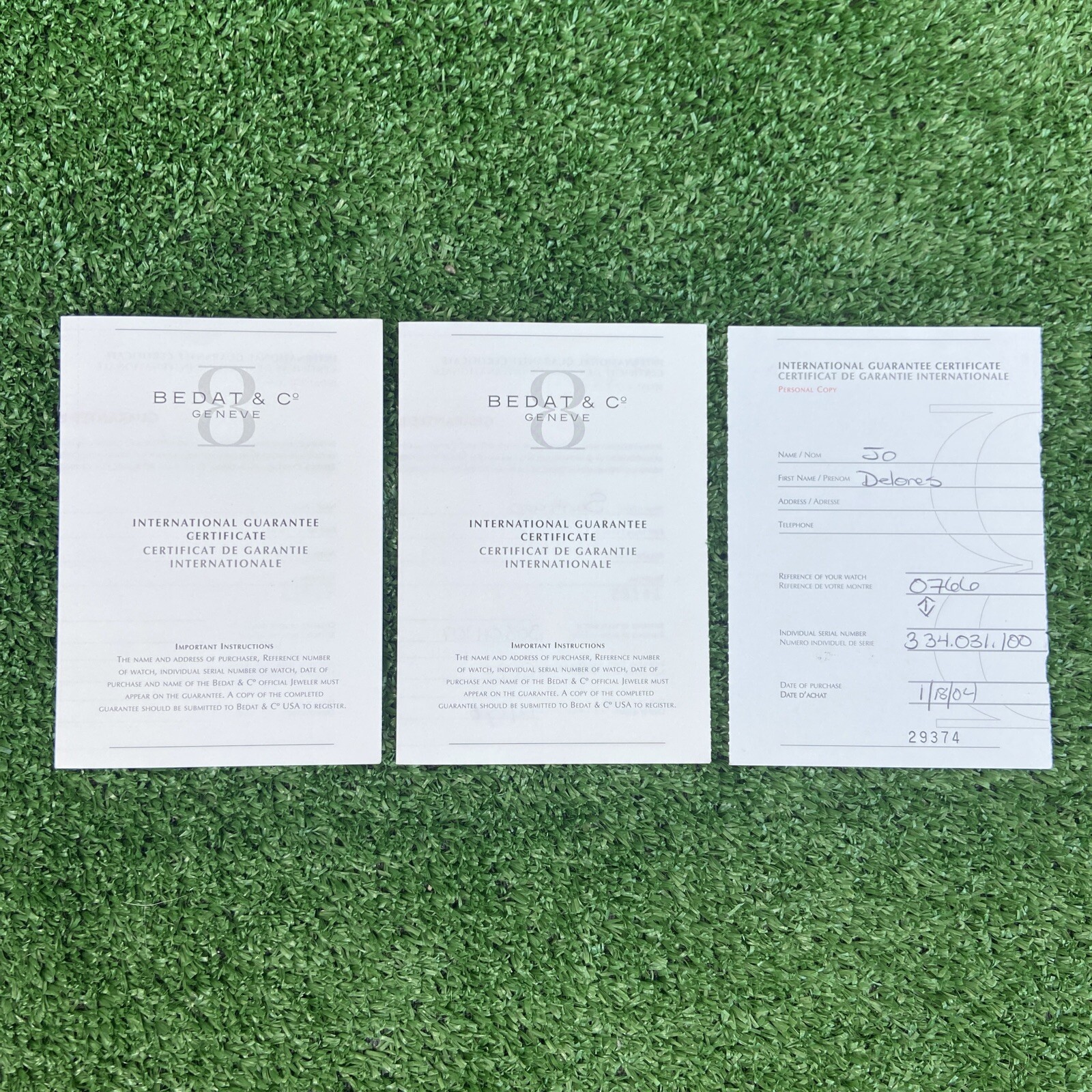 Authentic Bedat & Co Guarantee Warranty Certificate Papers