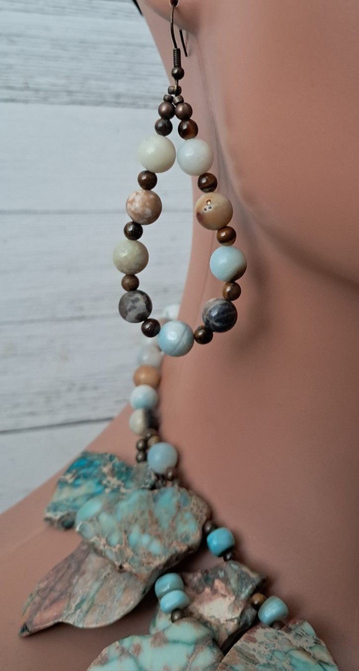 Slab Impression Jasper Blue Brown Amazonite Tigers Eye Huge Double Strand 273G