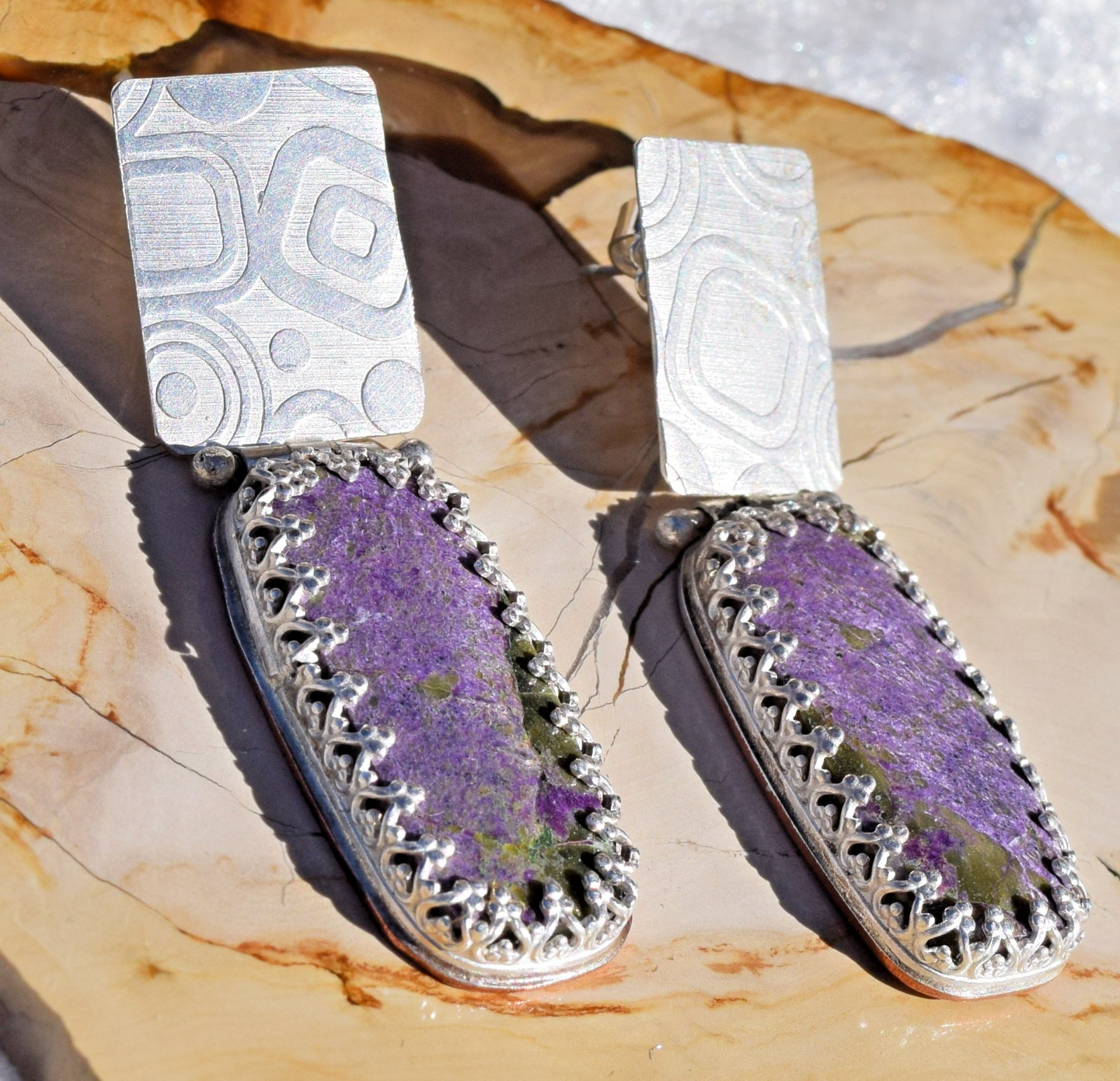 Sugilite Hinged Moving Swaying 925 Sterling Silver Stud Earring Geometric Design