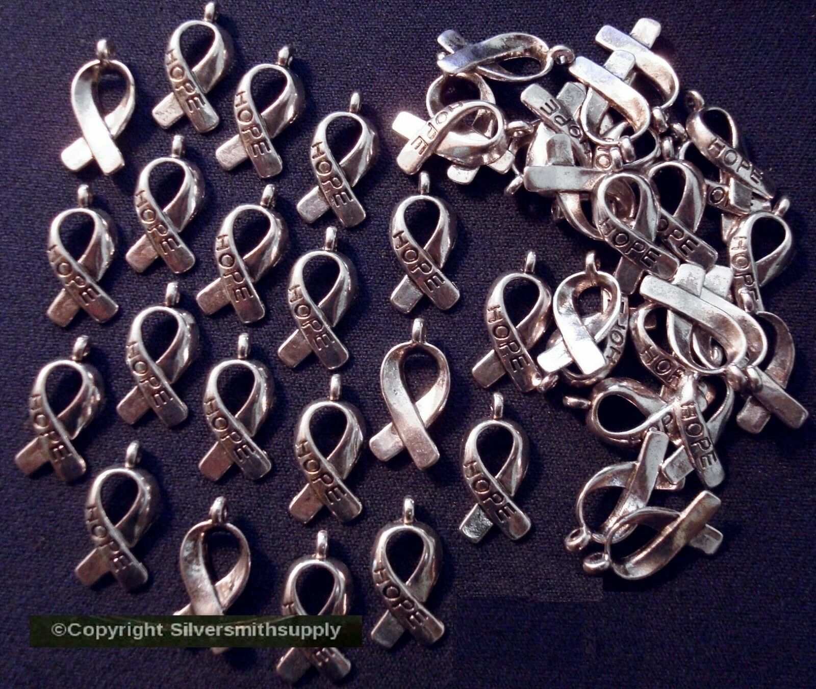 50 Cancer awareness hope ribbon charms ant. silver plated zinc findings CFP071
