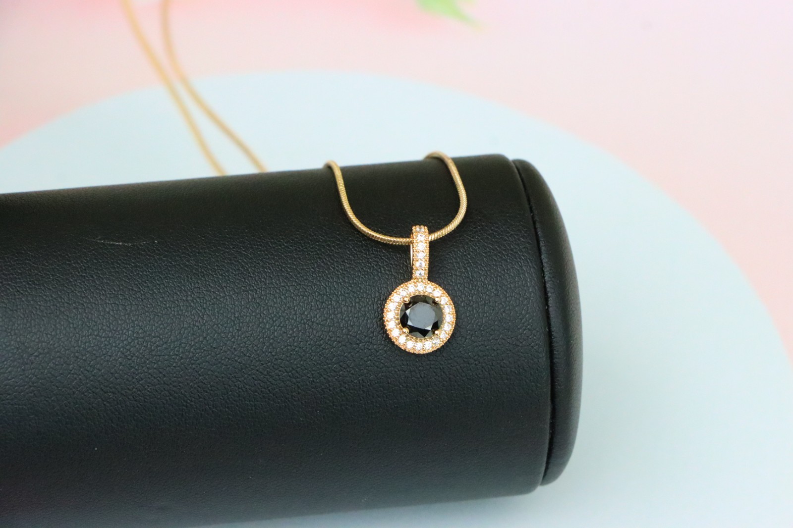 with Crystal Halo for Women, XPPT1740 Gold Plated Black Round Pendant