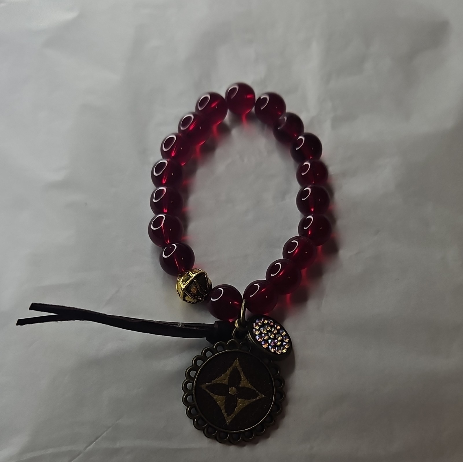 Red/Gold/Black Beaded Stretch Bracelet w/ Dangle Charm Crystal Disc Tassel