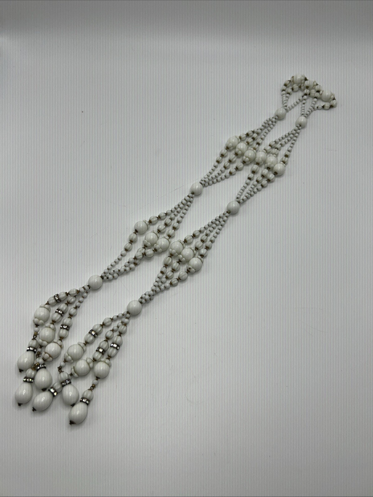 1930s 40s Milk Glass Lariat Necklace Rhinestone Multi Strand Art Deco 34”