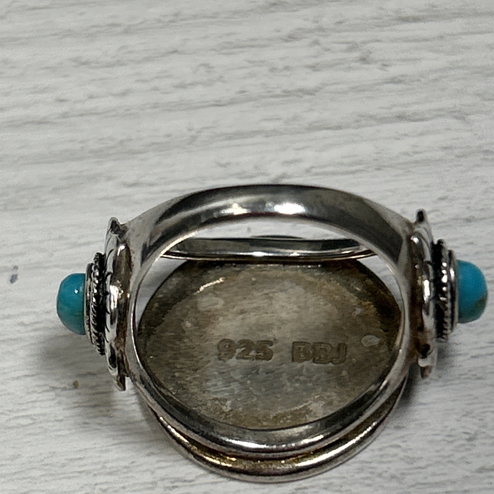 Vintage Silver 925 Navajo 1937 Indian Head Nickle Turquoise Ring Signed BBJ Sz 7