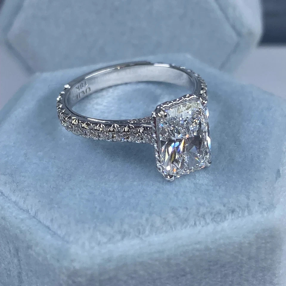14k White Gold Radiant Diamond Wedding Ring 3 Carat Lab Grown IGI E F VVS CVD