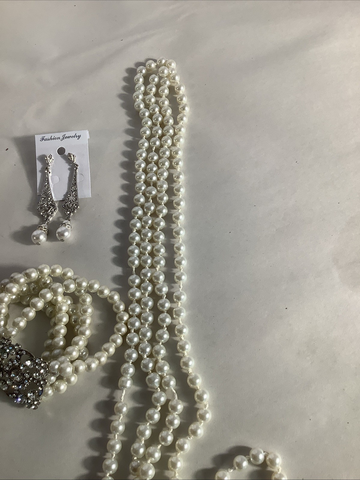Costume Pearl 30 In Necklace, 7 -8 Inch Bracelet And Drop Earrings
