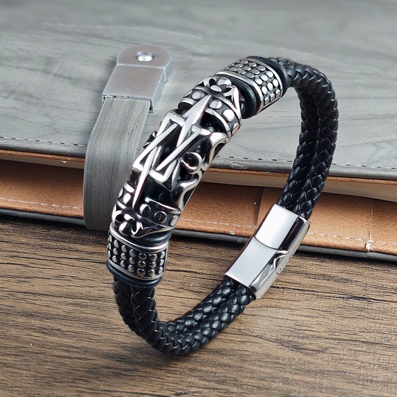 Men’s Hexagram Leather Bracelet Stainless Steel Braided Multi-Layer Cuff Gift