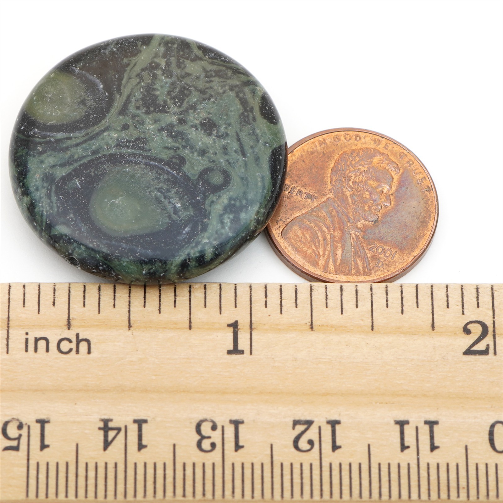 3 large flat round green and black kambaba jasper stone lentil beads avg 30mm